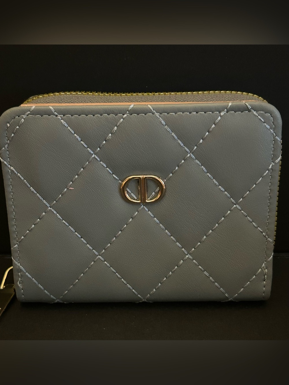 Quilted Compact Zip Wallet in Slate Blue, Mauve & Tan - Brand New